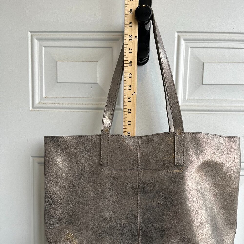 Garnet Hill Leather Tote Functional Pockets Suede Interior Shimmering Gray - Picture 3 of 12